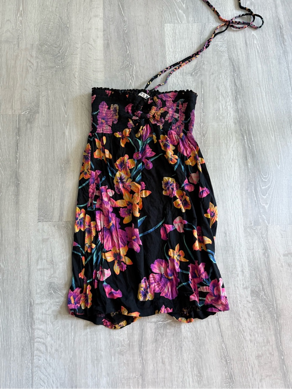 Roxy Black Floral Strapless Sundress with Pink & Orange Flowers